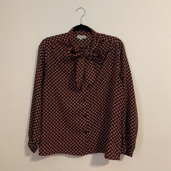 Retro pattern pussybow long sleeve shirt - Picture 2 of 4